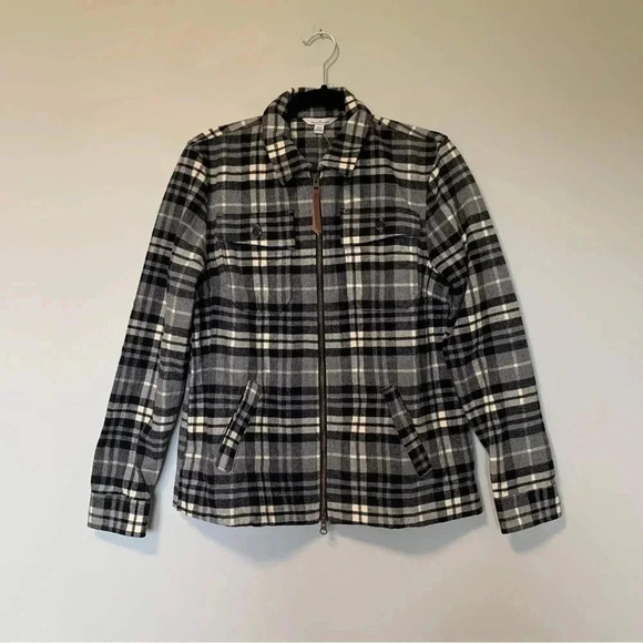 NWT L.L. Bean plaid checkered grey flannel  full zip shacket jacket - Picture 1 of 8